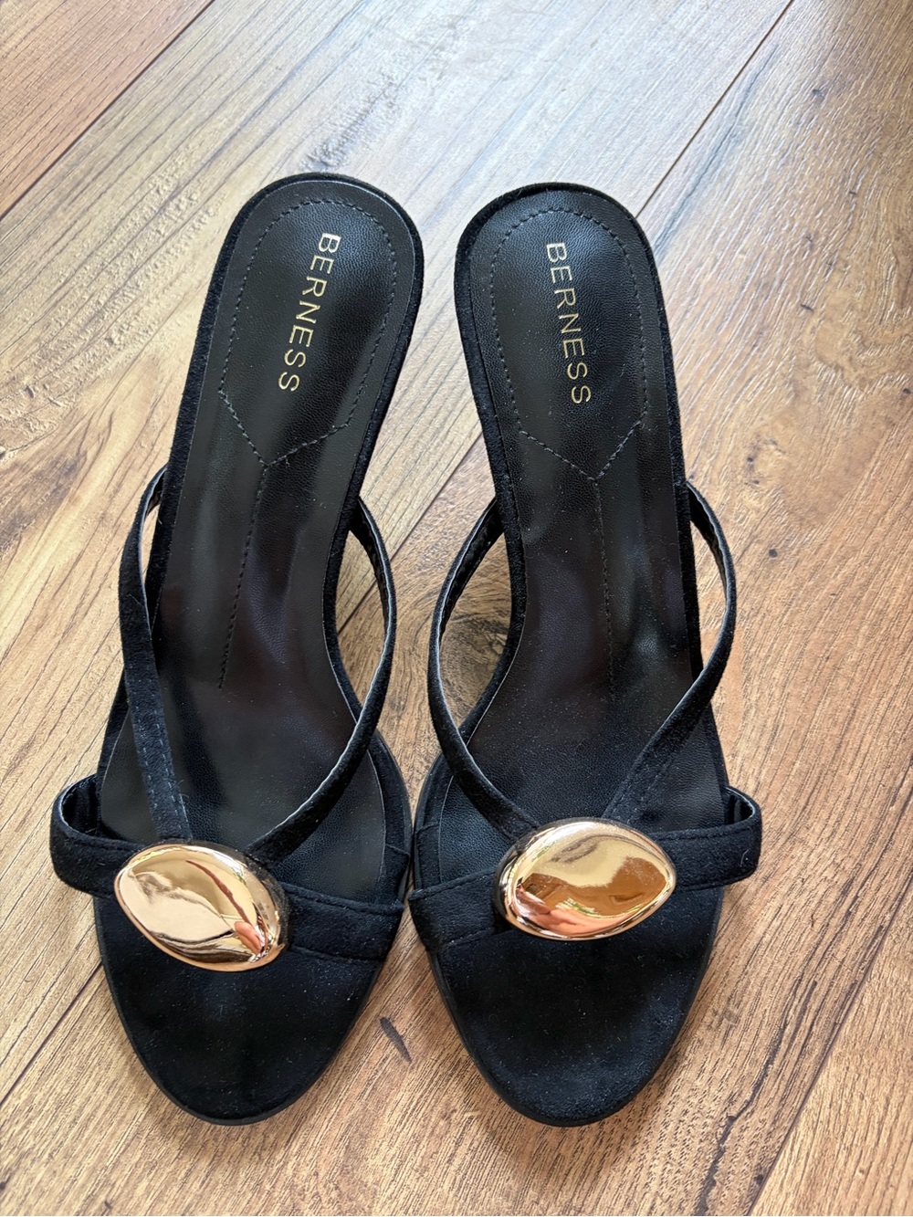 BERNESS Black Suede Slide Kitten Heels with Gold Accent